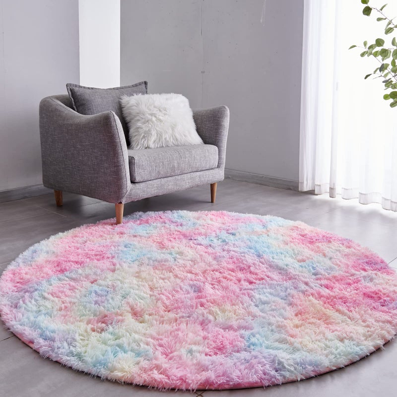 FJZFING Rainbow Round Rug UltraSoft Plush Modern 5x5 Circle Area Rug for Kids Bedroom Fluffy Shag Circular Rug for Nursery Room NonSlip Home Decor Colorful Carpet for Teens Room