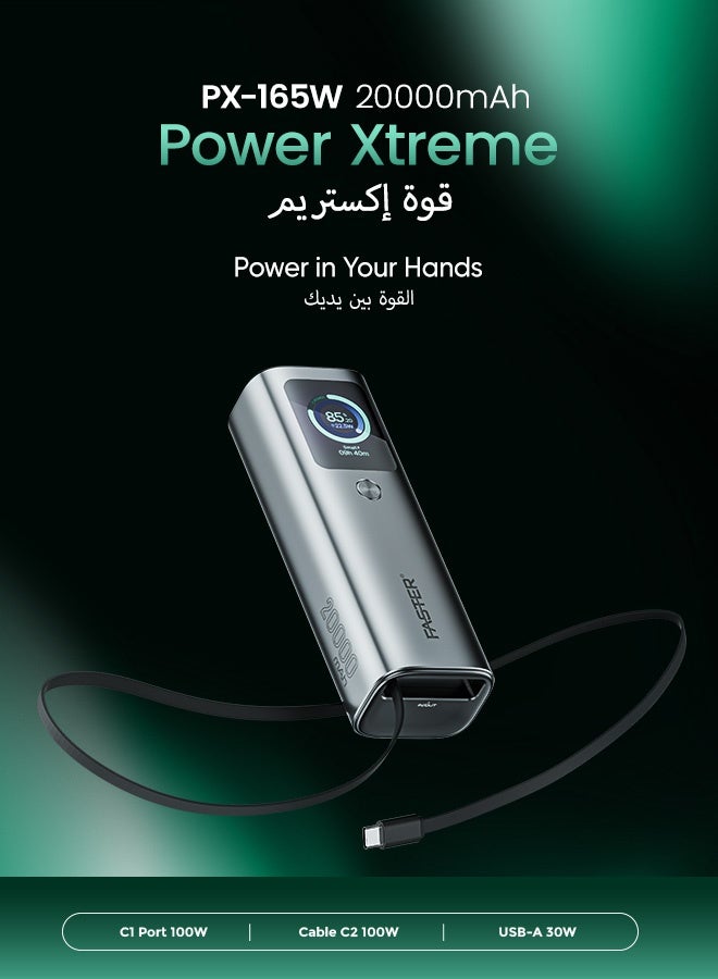 Faster PX165W 20000mAh Power Xtreme Power Bank, 165W Max Output, Built-in 100W USB-C Cable, Dual USB-C + USB-A Ports, Smart TFT Display, PD Fast Charging, Laptop Charger, Travel-Friendly, Safety Protection, Universal Compatibility - Image 2