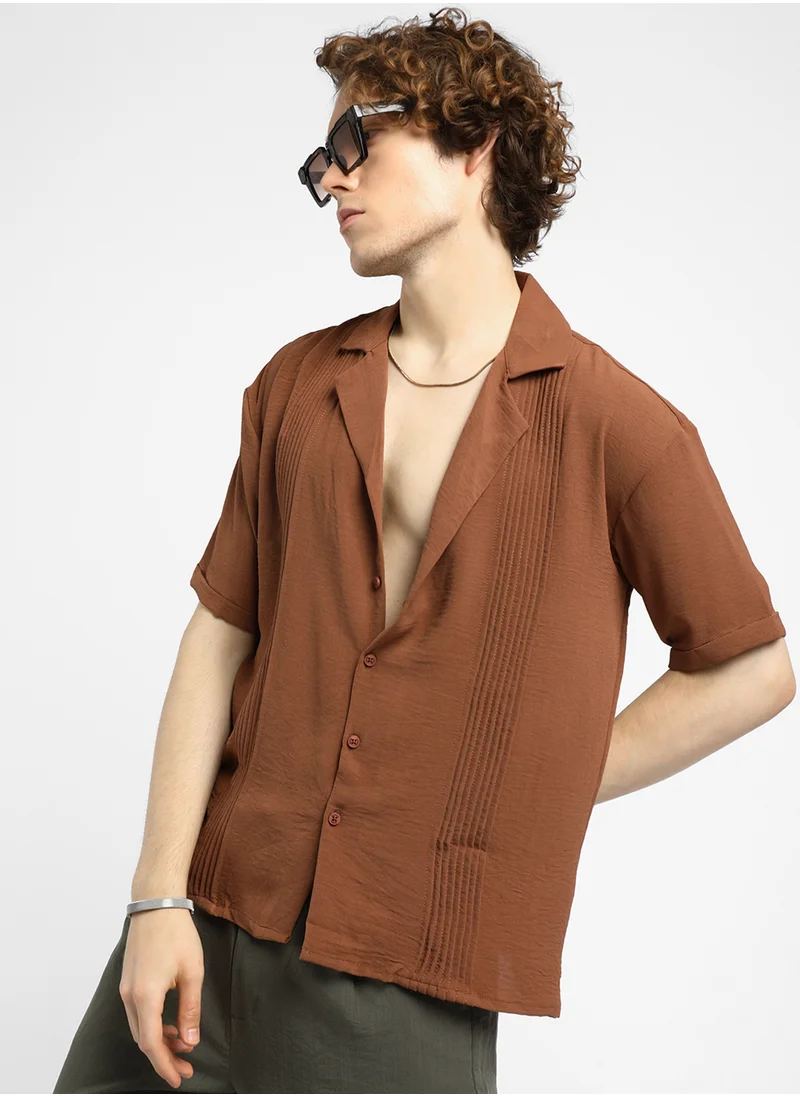 كامبوس سوترا Men's Sienna Brown Panel-Pleat Oversized Shirt