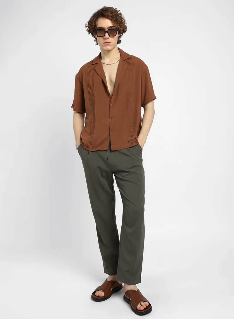 Campus Sutra Men's Sienna Brown Panel-Pleat Oversized Shirt
