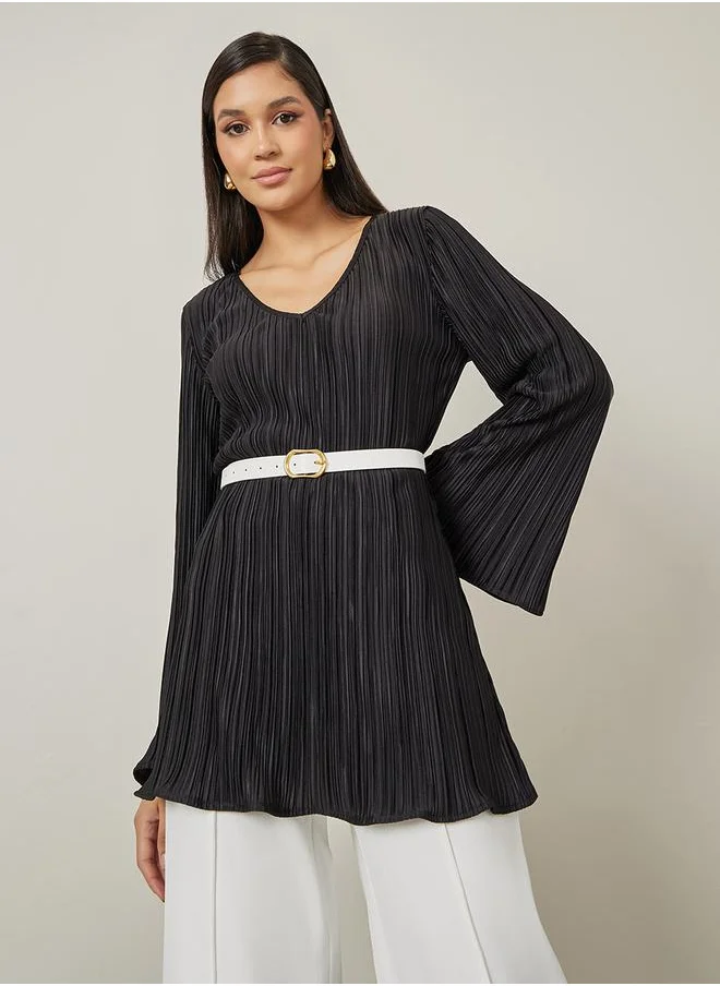 Styli Plisse V Neck Belted Longline Knit Top