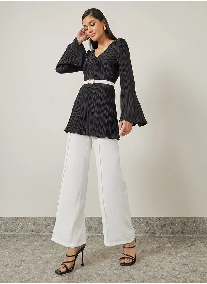 Styli Plisse V Neck Belted Longline Knit Top