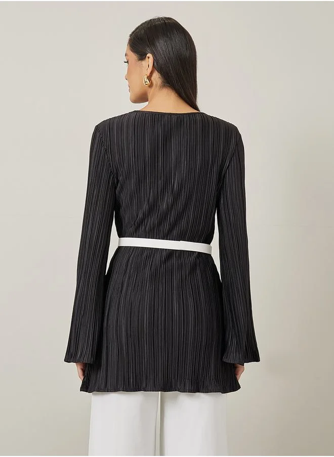Styli Plisse V Neck Belted Longline Knit Top