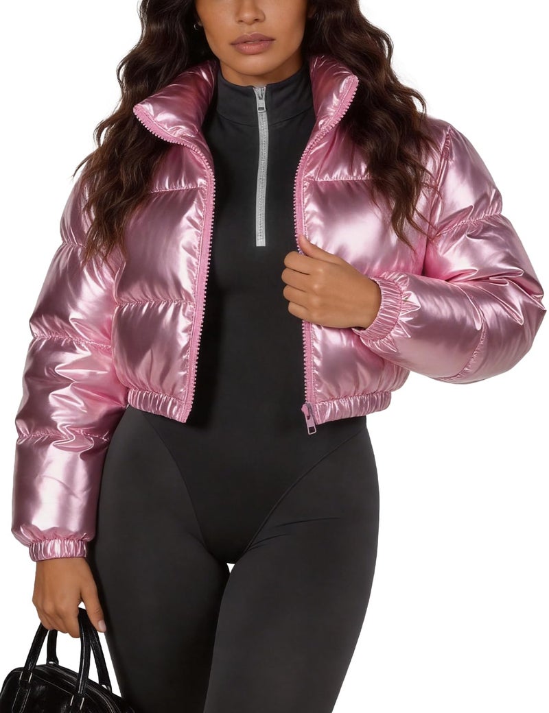 Flygo Women's Metallic Shiny Cropped Quilted Puffer Jacket - Zip Up Padded Down Coat Outerwear(Pink-XS) - Image 1