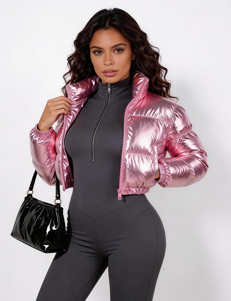 Flygo Women's Metallic Shiny Cropped Quilted Puffer Jacket - Zip Up Padded Down Coat Outerwear(Pink-XS) - Image 5