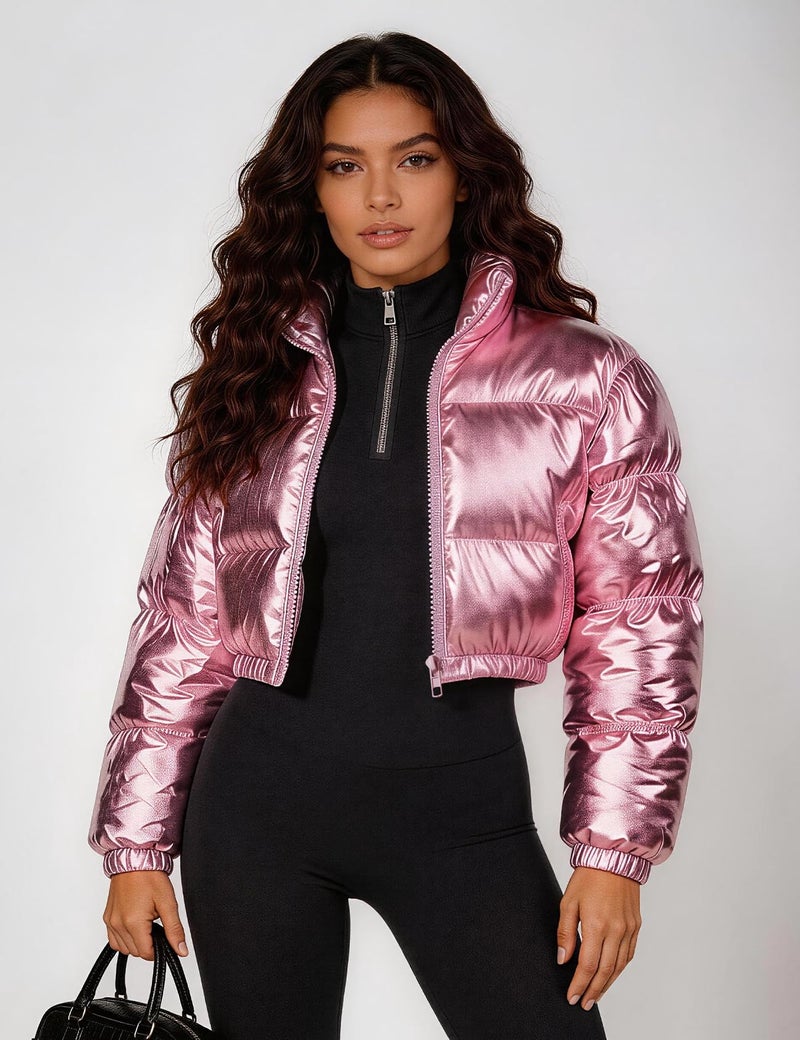 Flygo Women's Metallic Shiny Cropped Quilted Puffer Jacket - Zip Up Padded Down Coat Outerwear(Pink-XS) - Image 2