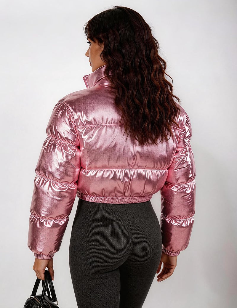 Flygo Women's Metallic Shiny Cropped Quilted Puffer Jacket - Zip Up Padded Down Coat Outerwear(Pink-XS) - Image 4