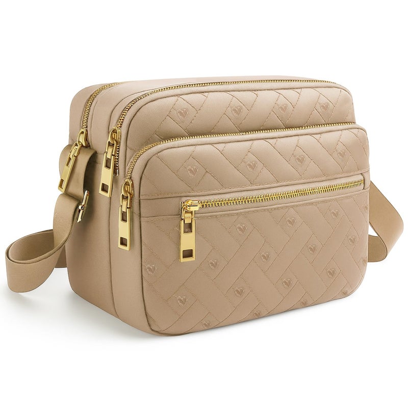Voikukka Beige Large Nylon Crossbody Bags for Women Lightweight Quilted Purse Travel Casual Waterproof Messenger Handbag Crossbody Bags Pocket Books for Woman - Image 1