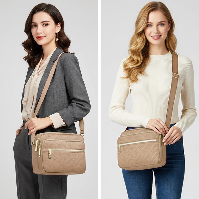 Voikukka Beige Large Nylon Crossbody Bags for Women Lightweight Quilted Purse Travel Casual Waterproof Messenger Handbag Crossbody Bags Pocket Books for Woman - Image 2