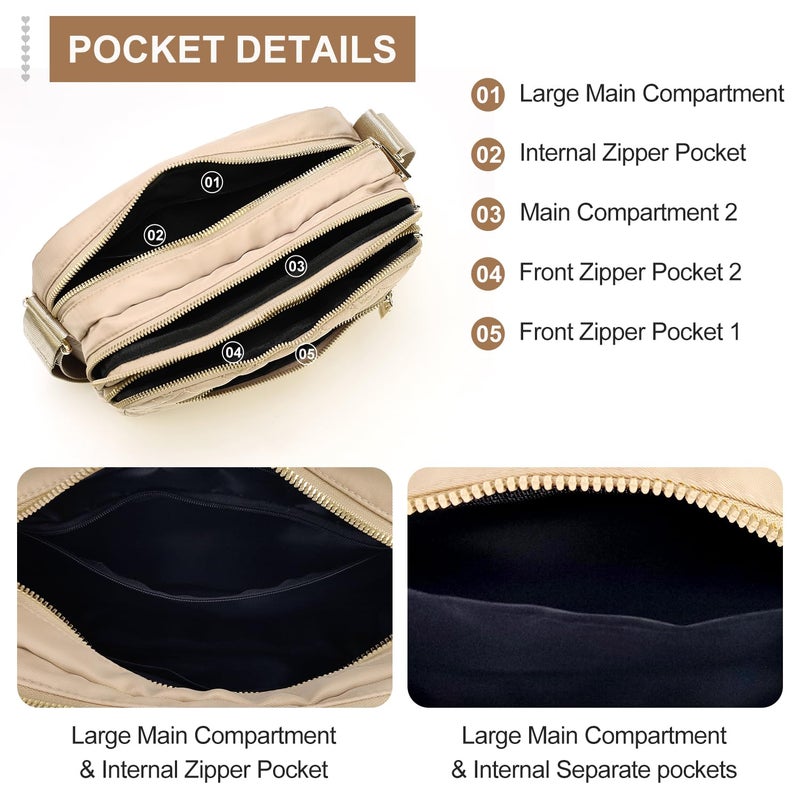 Voikukka Beige Large Nylon Crossbody Bags for Women Lightweight Quilted Purse Travel Casual Waterproof Messenger Handbag Crossbody Bags Pocket Books for Woman - Image 4
