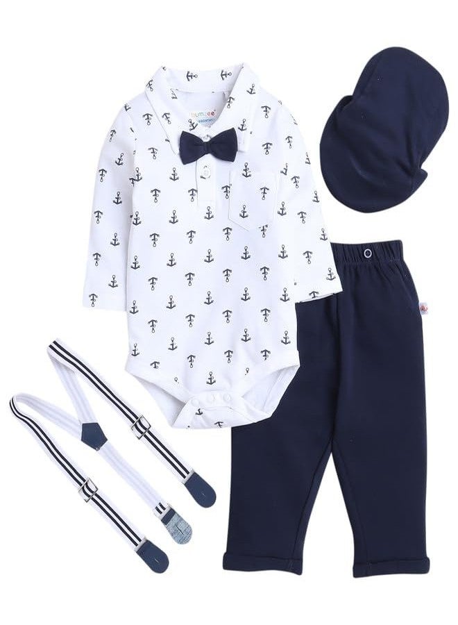 BUMZEE Navy & White Boys Full Sleeves Cotton Bodysuit Pant Set With Suspender & Cap Age - 9-12 Months (Peb9858E-nbl.wht) - Image 1