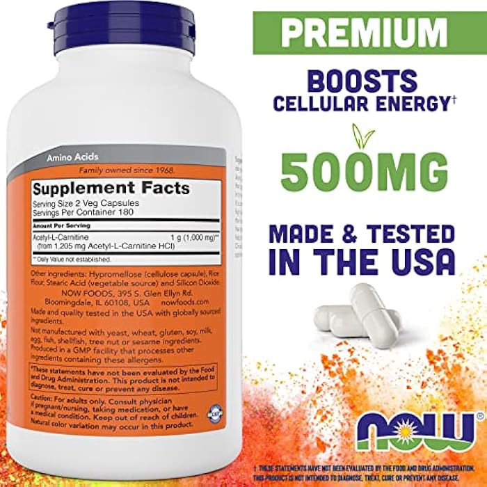 NOW Foods Now Acetyl L Carnitine 500mg, 360 Veg Capsules - Non-GMO ACL 500 mg Caps - Image 2