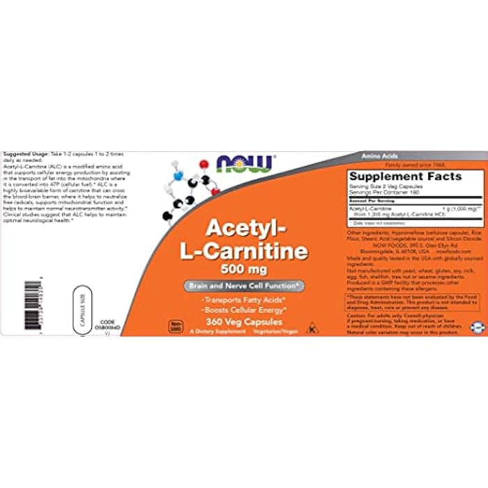 NOW Foods Now Acetyl L Carnitine 500mg, 360 Veg Capsules - Non-GMO ACL 500 mg Caps - Image 5