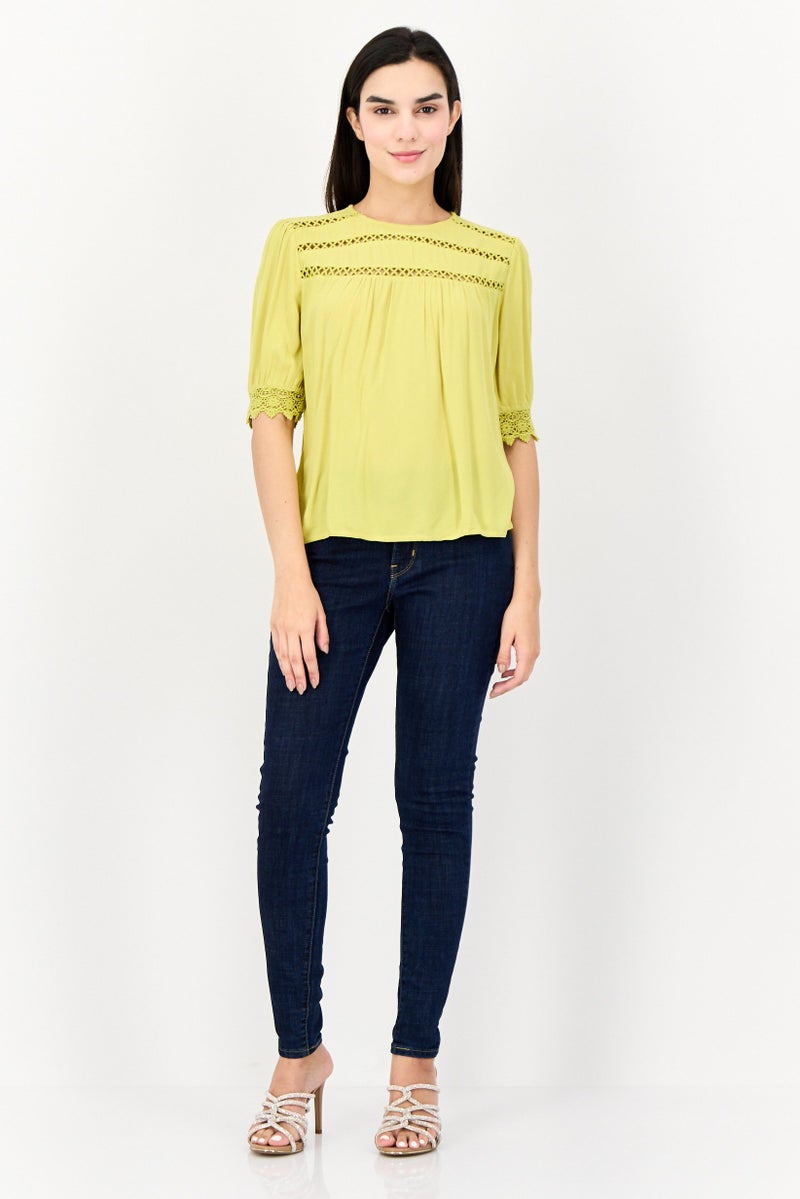ONLY Women Crew Neck Short Sleeves Lace Detail Top, Apple Green - Image 3