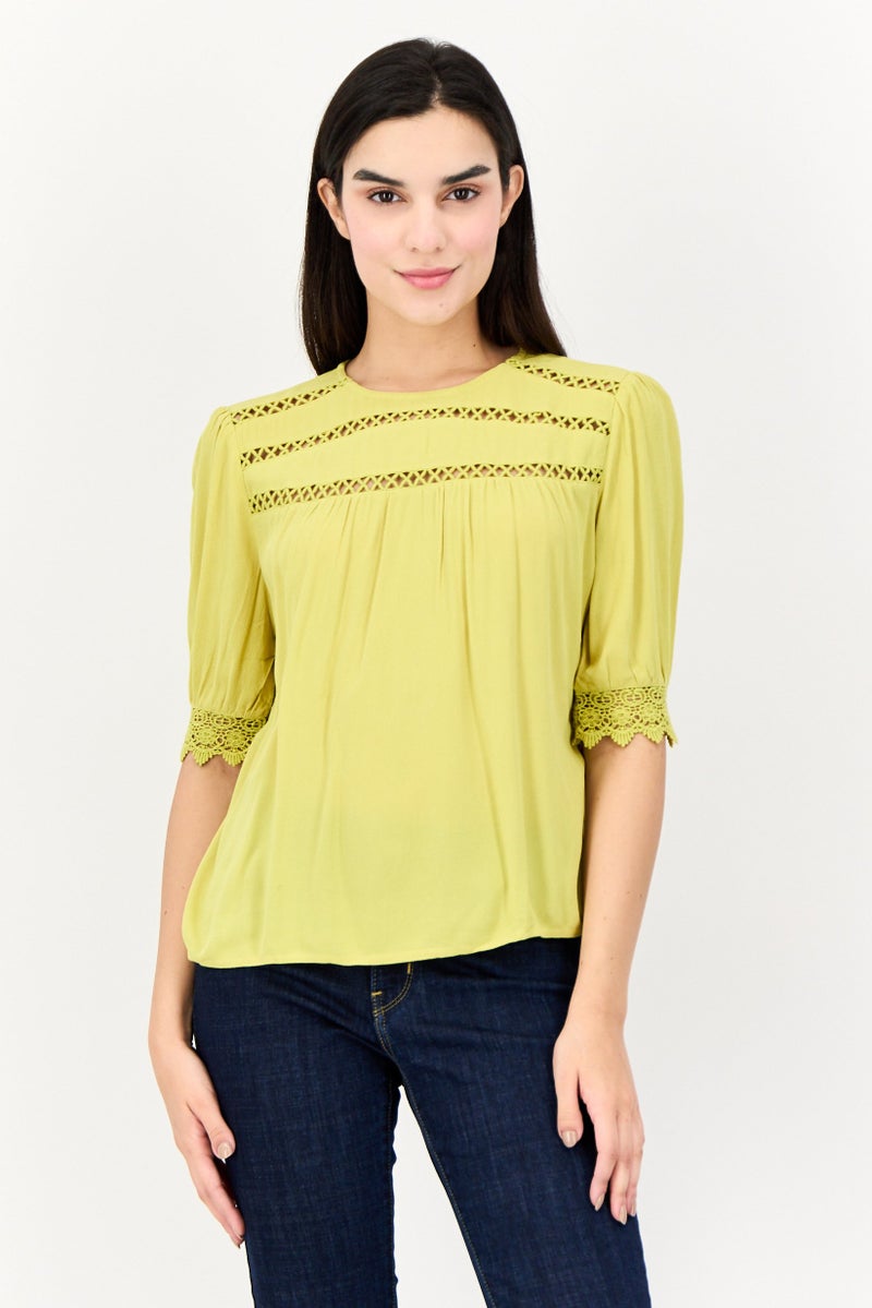 ONLY Women Crew Neck Short Sleeves Lace Detail Top, Apple Green - Image 1