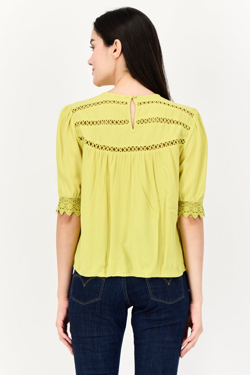 ONLY Women Crew Neck Short Sleeves Lace Detail Top, Apple Green - Image 2