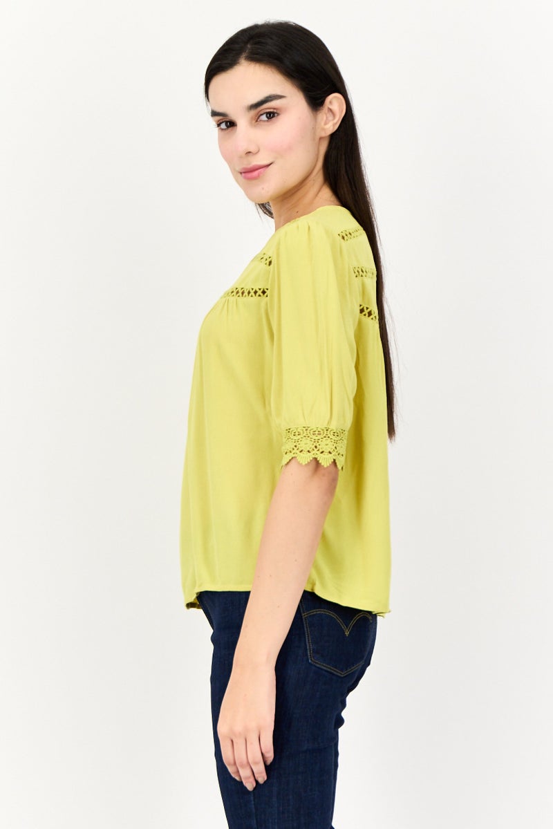 ONLY Women Crew Neck Short Sleeves Lace Detail Top, Apple Green - Image 4