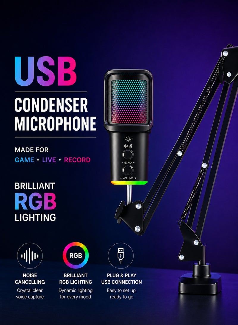 مايكروفون مكثف USB مع إضاءة RGB وإلغاء الضوضاء، مثالي للألعاب والبث المباشر والتسجيل. - Image 1
