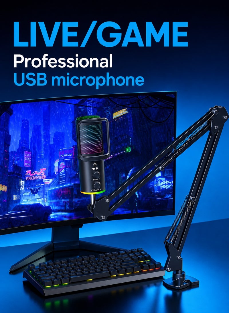مايكروفون مكثف USB مع إضاءة RGB وإلغاء الضوضاء، مثالي للألعاب والبث المباشر والتسجيل. - Image 2