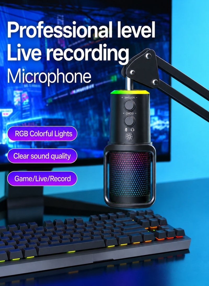 مايكروفون مكثف USB مع إضاءة RGB وإلغاء الضوضاء، مثالي للألعاب والبث المباشر والتسجيل. - Image 3