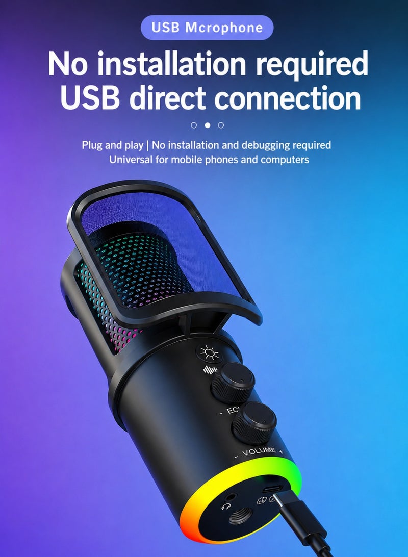 مايكروفون مكثف USB مع إضاءة RGB وإلغاء الضوضاء، مثالي للألعاب والبث المباشر والتسجيل. - Image 5