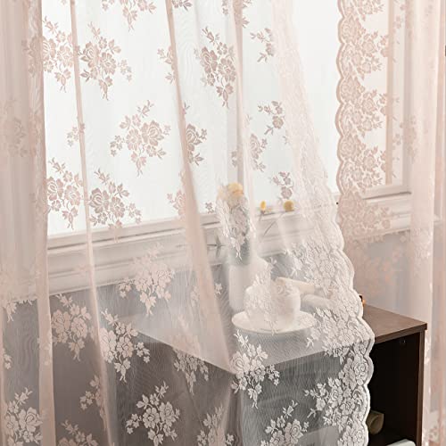 Kotile Kotile Blush Pink Lace Curtains for Bedroom Girls  Rustic Floral Blush Sheer Curtains 63 Inch Length for Girls Room Scalloped Floral Sheer Lace Window Curtain 52 x 63 Inch 2 Panels