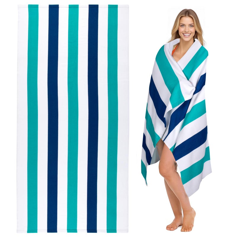 cabanana Large Oversized Beach Towel - Microfiber Sand Free 35 x 70 Inch Quick Dry Lightweight Pool Towel for Adults, Thin Striped Swim Towel (Turquoise) - Image 1