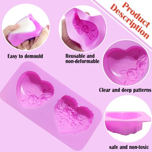 Foaryoer 2 Pcs Heart Soap Molds,3D Embossed Rose Heart Silicone Chocolate Molds Valentine Silicone Molds for DIY Valentine Chocolates, Candy,Muffins,Candle, Soap Cake Decoration - Image 3