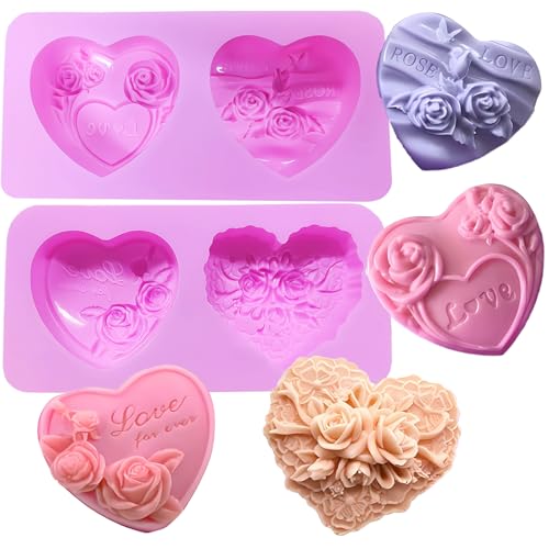 Foaryoer 2 Pcs Heart Soap Molds,3D Embossed Rose Heart Silicone Chocolate Molds Valentine Silicone Molds for DIY Valentine Chocolates, Candy,Muffins,Candle, Soap Cake Decoration - Image 1