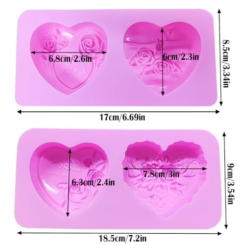 Foaryoer 2 Pcs Heart Soap Molds,3D Embossed Rose Heart Silicone Chocolate Molds Valentine Silicone Molds for DIY Valentine Chocolates, Candy,Muffins,Candle, Soap Cake Decoration - Image 2