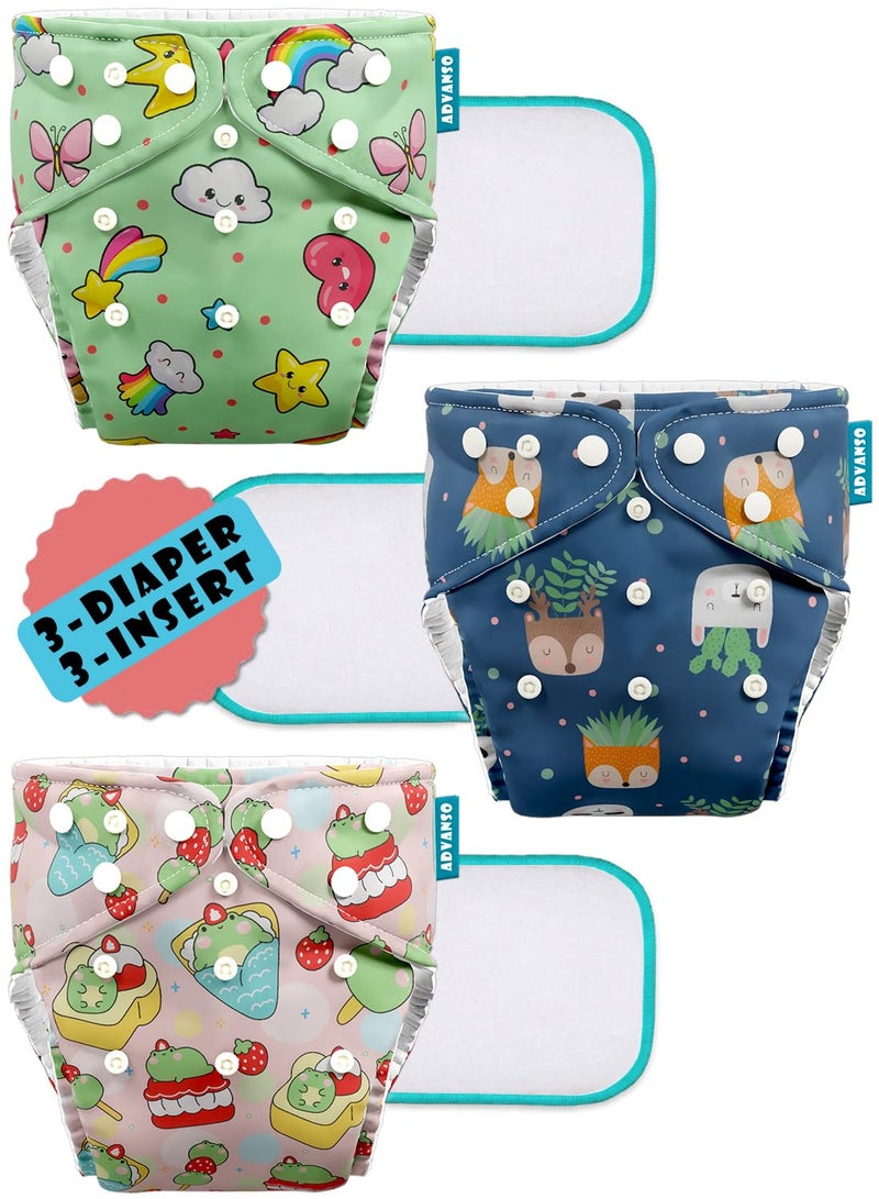Advanso Leakage Proof cloth diapers for babies, high absorbent 3 reusable diaper 3 insert pad combo pack washable cloth diaper free size 5-18kg adjustable pocket cover P33 - Image 1