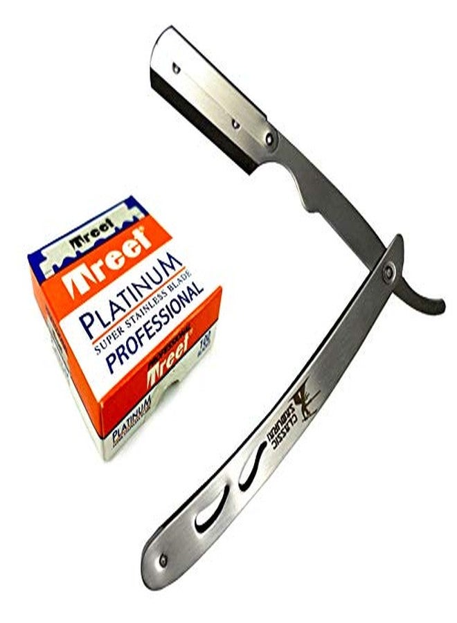 Classic Samurai CS-102 Stainless Steel Professional Barber Straight Edge Razor with 100 Count Treet Platinum Single Edge Razor Blades - Image 1