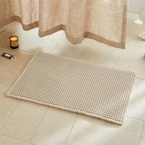 TYUU Pale Beige Bathroom Rug, Waffle Bath Mat Non Slip Washable Super Absorbent Quick Dry Boho Farmhouse Bathroom Decor, 30''x20'' Pale Beige - Image 1