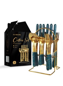 Sunhome 24-piece Stainless Steel Cutlery Fork,Knife And Spoon Set With Stand Green 13x14.5cm  - Image 1