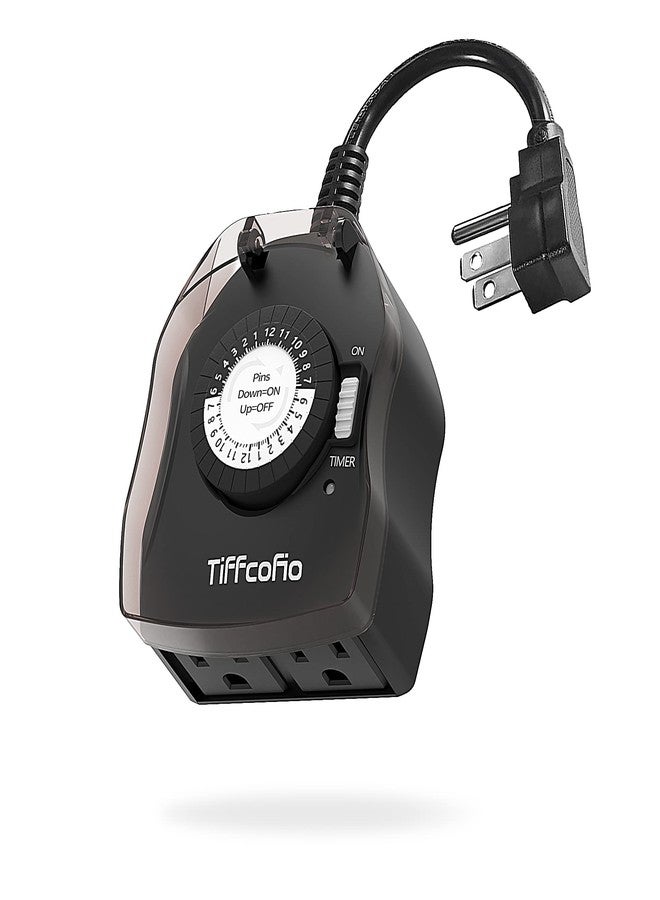 مقبس مؤقت خارجي من TiFFCOFiO، مؤقت ميكانيكي خارجي للإضاءة يعمل لمدة 24 ساعة، مؤقت إضاءة خارجي مقاوم للعوامل الجوية، مخرجان مؤرضان للمنزل والحديقة، 15 أمبير 1/2 حصان، شديد التحمل، معتمد من CSA - Image 1