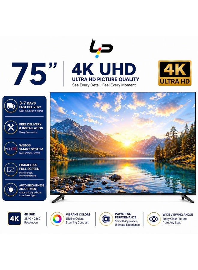 ال بي تلفزيون ذكي 75 بوصة بنظام WEBOS بدقة 4K UHD بدون إطار مع تقنية دولبي وبلوتوث 5.0 و3 منافذ HDMI و2 منفذ USB للاستخدام المنزلي - Image 2