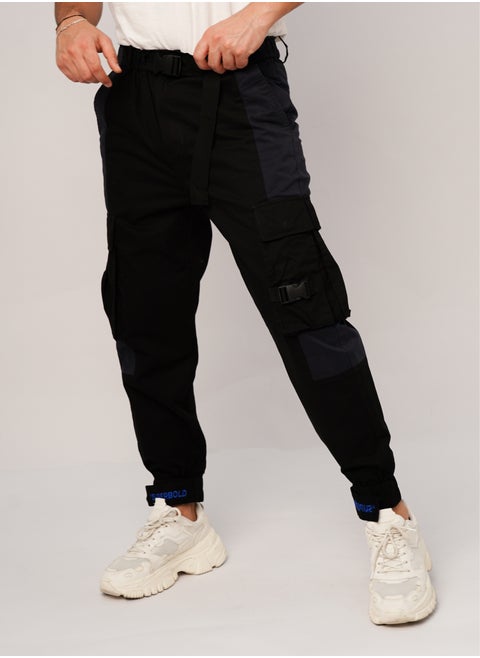 Men’s Drawstring Ankle Cuff Embroidered Cargo Pant in Black