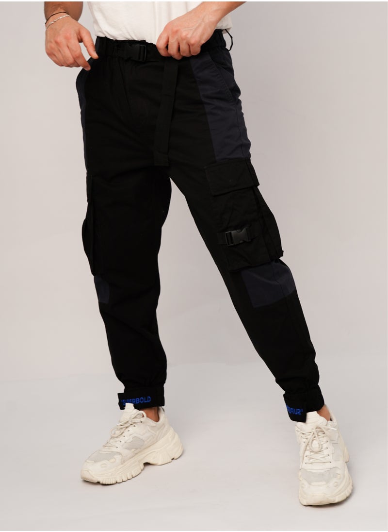 JACK & JONES - Men’s Drawstring Ankle Cuff Embroidered Cargo Pant in Black - Image 1
