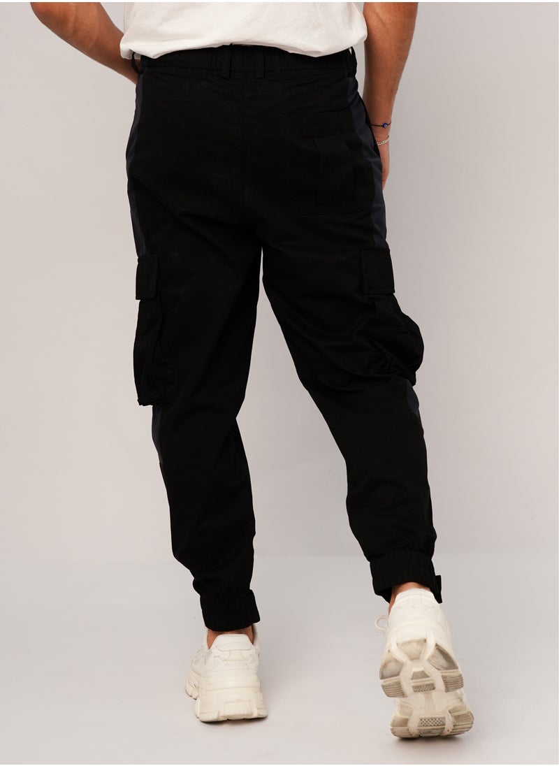 JACK & JONES - Men’s Drawstring Ankle Cuff Embroidered Cargo Pant in Black - Image 1