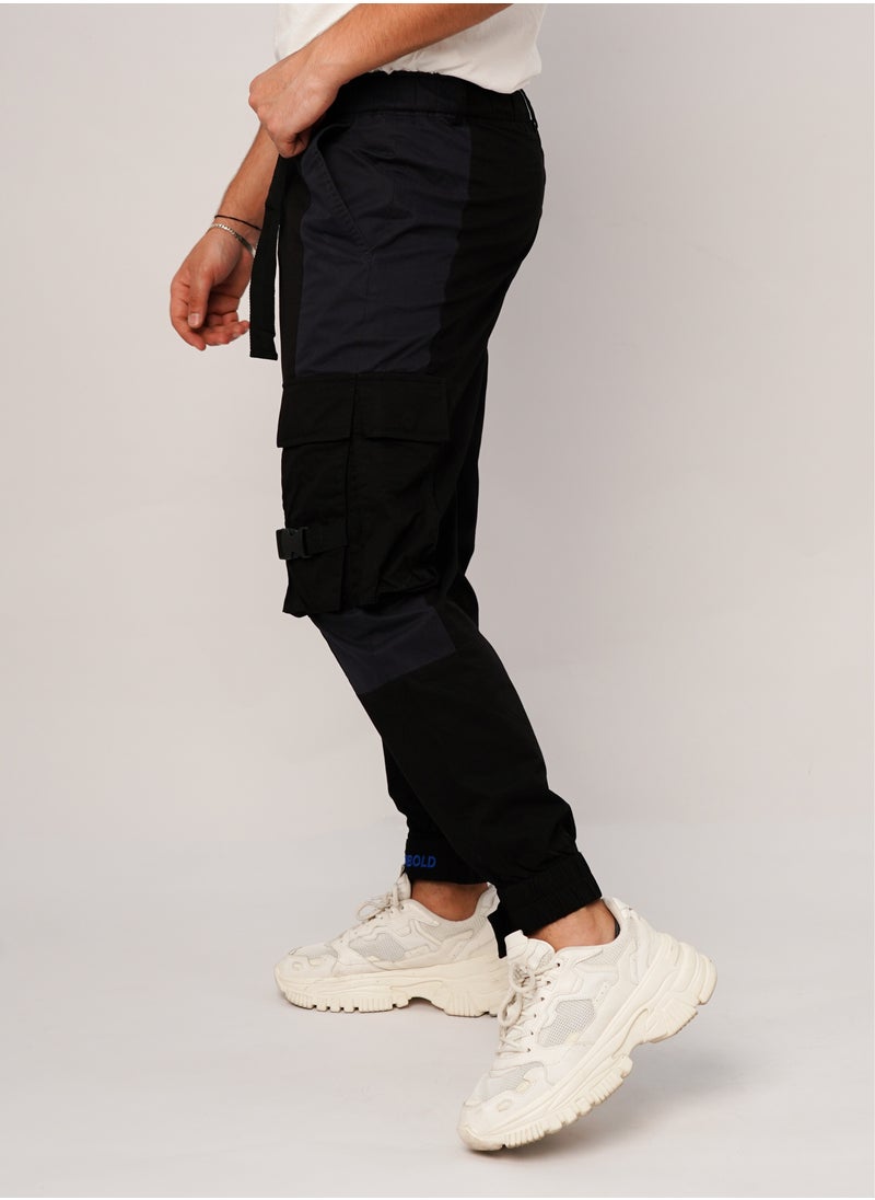JACK & JONES - Men’s Drawstring Ankle Cuff Embroidered Cargo Pant in Black - Image 1