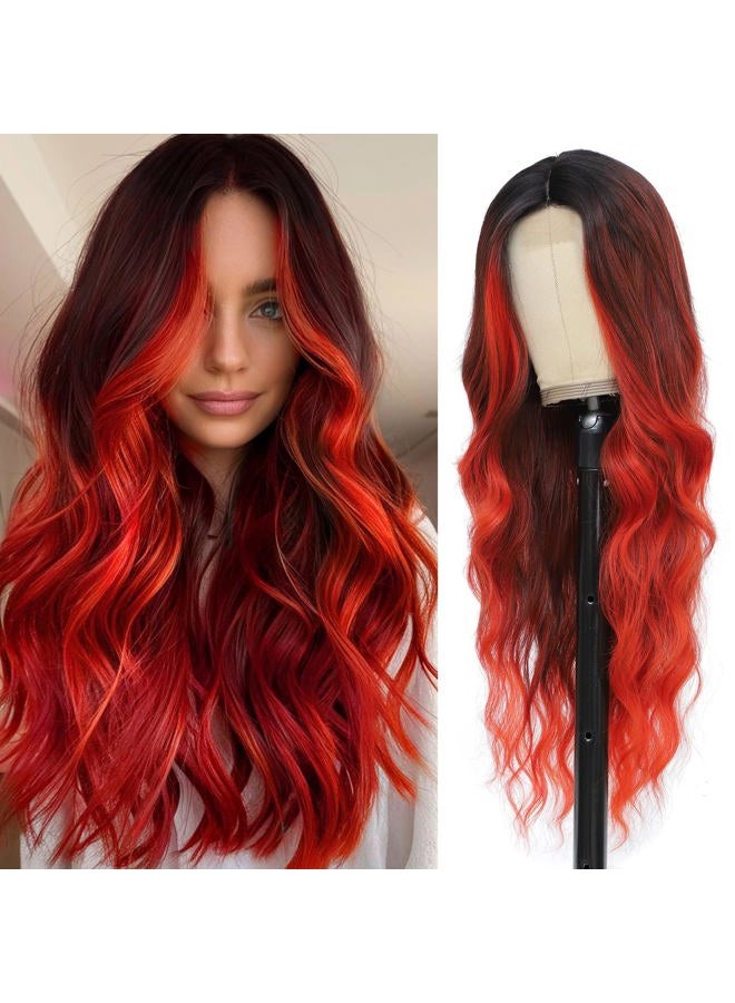 Angzon Long Red Wavy Wig for Women 26 Inch Ombre Red Middle Part Curly Synthetic Hair Wig Natural Look Heat Resistant Fiber for Daily Party Use - Image 1