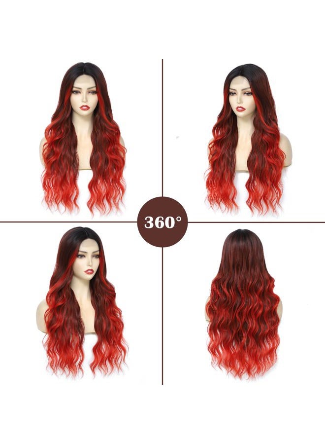 Angzon Long Red Wavy Wig for Women 26 Inch Ombre Red Middle Part Curly Synthetic Hair Wig Natural Look Heat Resistant Fiber for Daily Party Use - Image 3