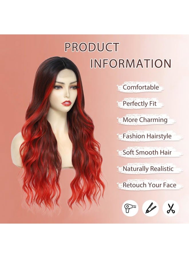 Angzon Long Red Wavy Wig for Women 26 Inch Ombre Red Middle Part Curly Synthetic Hair Wig Natural Look Heat Resistant Fiber for Daily Party Use - Image 2