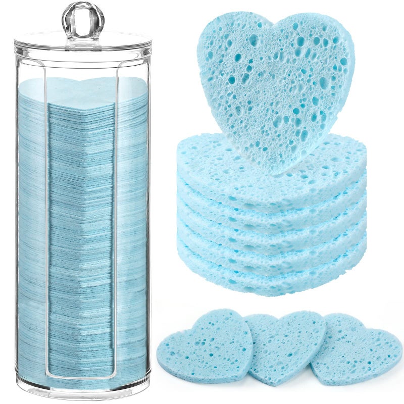 Sieral 120 Pcs Compressed Facial Sponges with Container Disposable Face Sponge Pads for Washing Face Cleansing Exfoliating Esthetician Makeup Removal(Heart,Light Blue) - Image 1