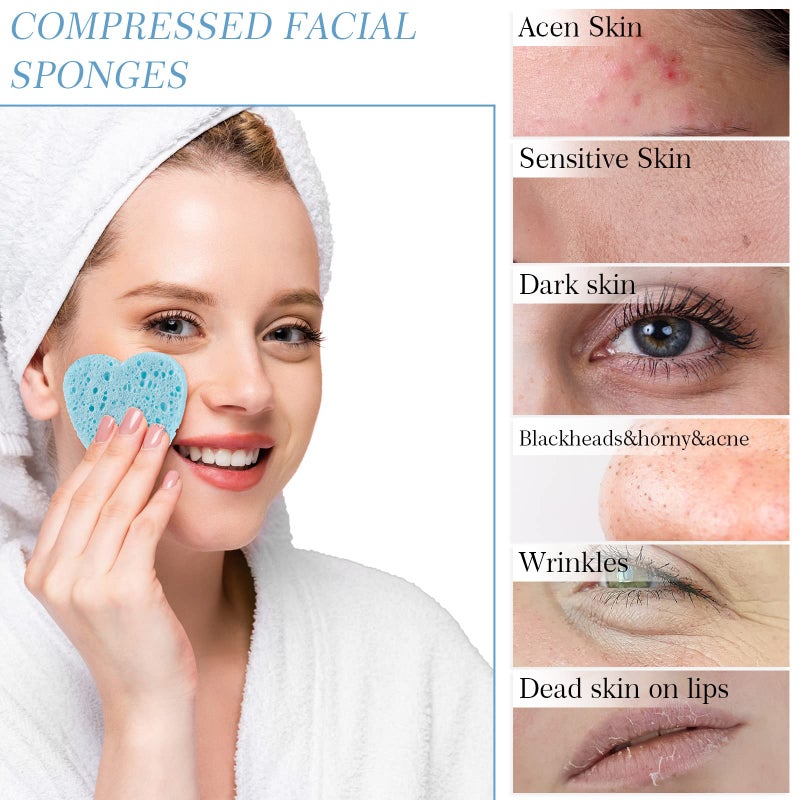 Sieral 120 Pcs Compressed Facial Sponges with Container Disposable Face Sponge Pads for Washing Face Cleansing Exfoliating Esthetician Makeup Removal(Heart,Light Blue) - Image 4