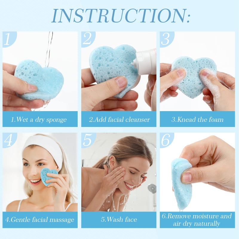Sieral 120 Pcs Compressed Facial Sponges with Container Disposable Face Sponge Pads for Washing Face Cleansing Exfoliating Esthetician Makeup Removal(Heart,Light Blue) - Image 5