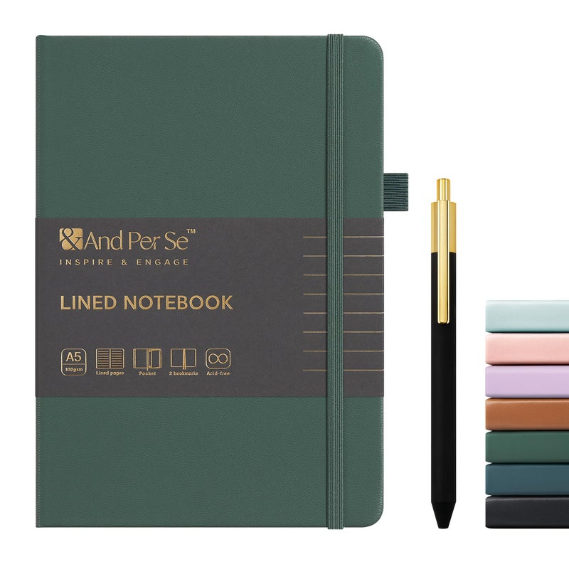 &And Per Se ⩓ Per Se Lined Journal and Pen Set, A5 Leather Hardcover Notebook with Pen & Stationary Set, 160 Pages 100GSM Thick Ruled Paper Journal for Business Work Writing (Green) - Image 1