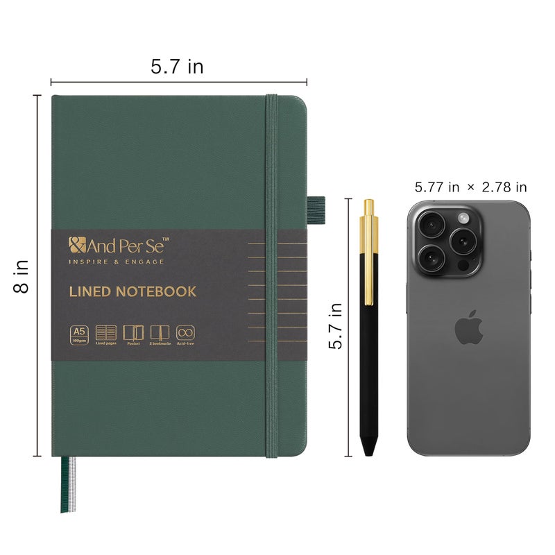 &And Per Se ⩓ Per Se Lined Journal and Pen Set, A5 Leather Hardcover Notebook with Pen & Stationary Set, 160 Pages 100GSM Thick Ruled Paper Journal for Business Work Writing (Green) - Image 2