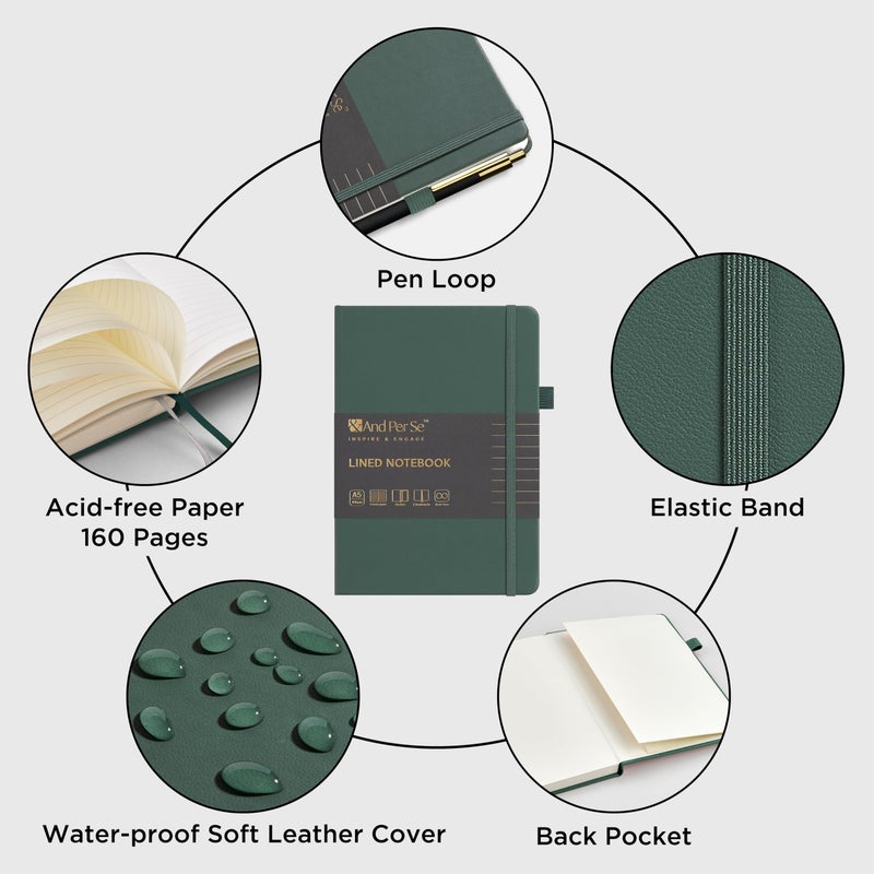 &And Per Se ⩓ Per Se Lined Journal and Pen Set, A5 Leather Hardcover Notebook with Pen & Stationary Set, 160 Pages 100GSM Thick Ruled Paper Journal for Business Work Writing (Green) - Image 3