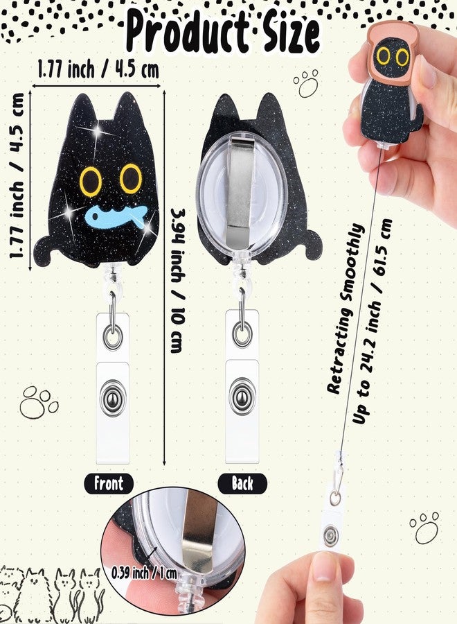 Eartim Cute Black Cat Glitter Badge Reel - 14Pcs Funny Animal Acrylic Retractable ID Badge with Metal Clip Name Tag Holder for Nurse Cat Lover Office Staff Student Birthday Gift Halloween Party Supply - Image 2